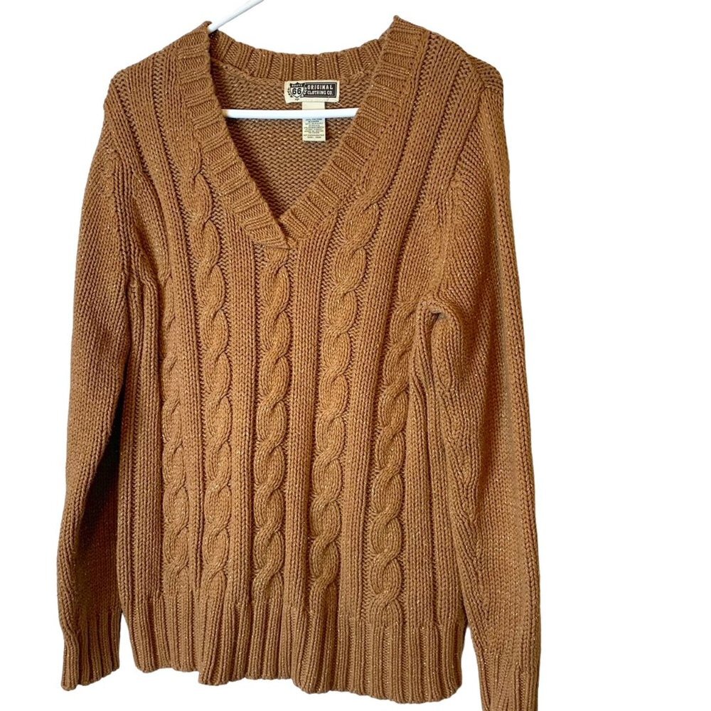 Route 66 Original Clothing Co. Sweater Womens Cable Knit V-Neck Pullover Large B
